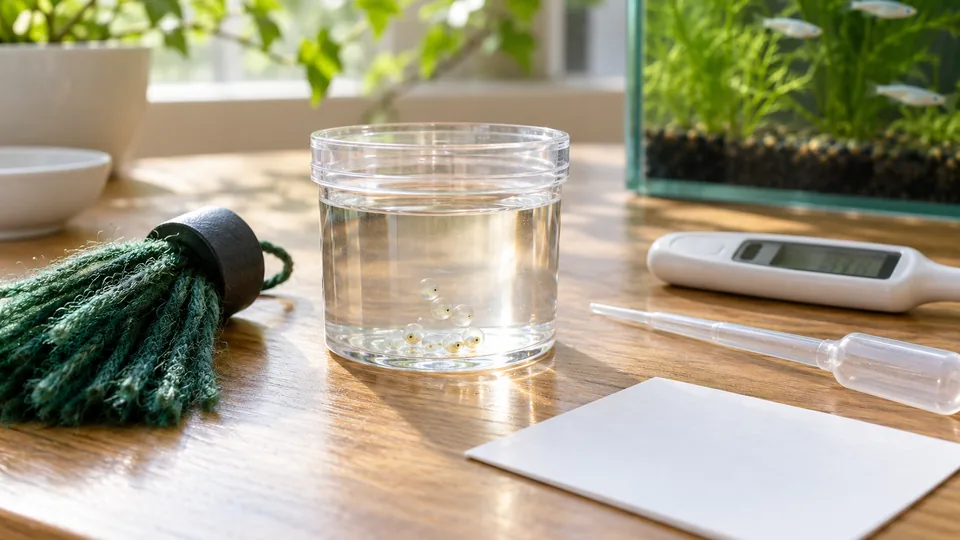 透明な容器のメダカの卵と水温計、スポイトを並べた観察セット