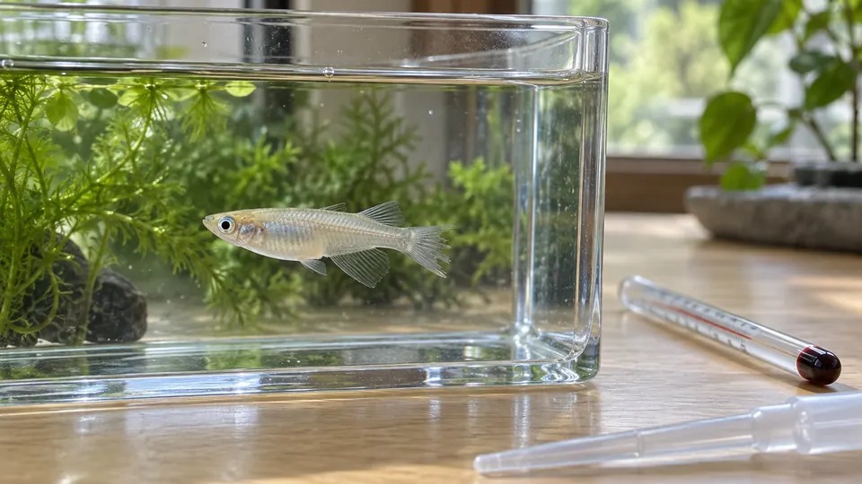 尾びれの縁が傷んだメダカを透明な観察容器で確認する様子