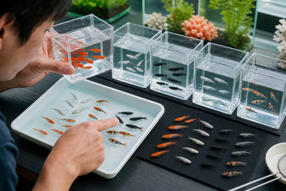 赤・白・黒・銀青・三色のメダカを透明な容器と観察トレーで比べている様子