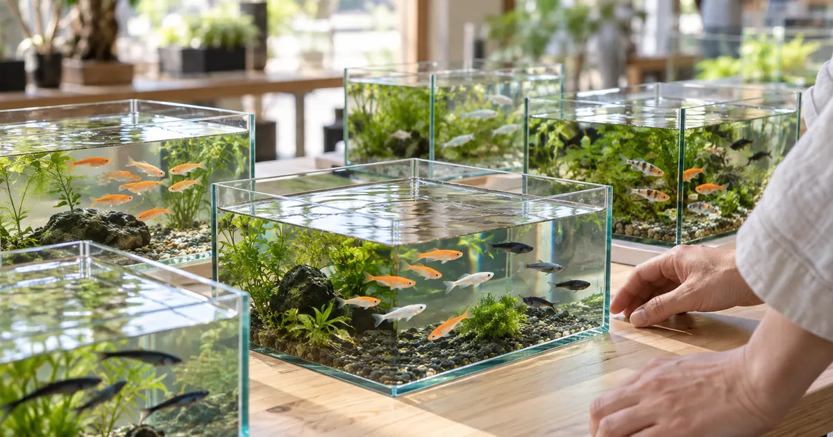 透明な水槽が並ぶメダカ販売イベントで魚の泳ぎを観察する様子