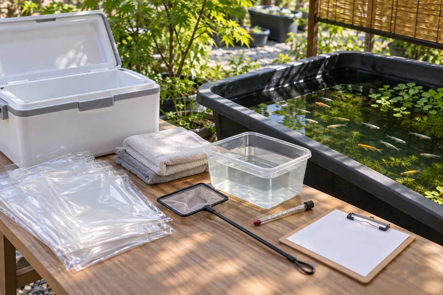 メダカ販売イベントへ持っていく保冷バッグ、袋、タオル、網、水温計を準備した様子