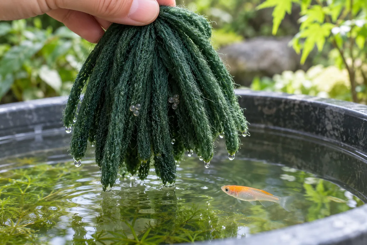 繊維の状態と卵の付き方を確認するため水面から持ち上げた産卵床