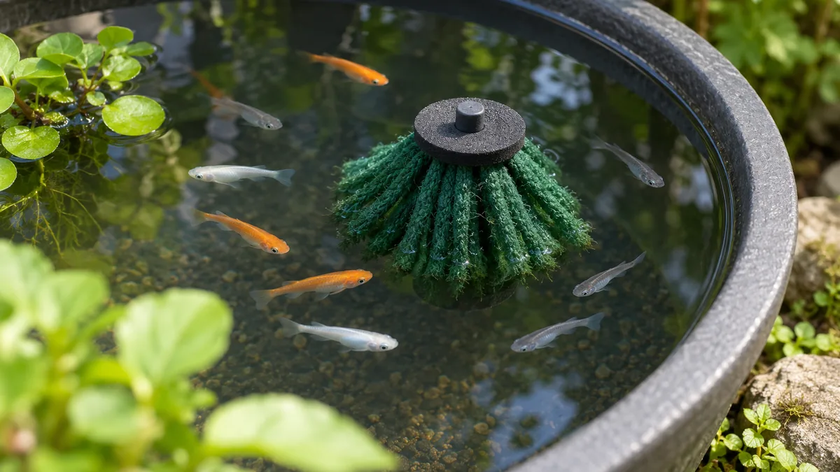 緑色の繊維を使った浮く産卵床の周りを泳ぐメダカ