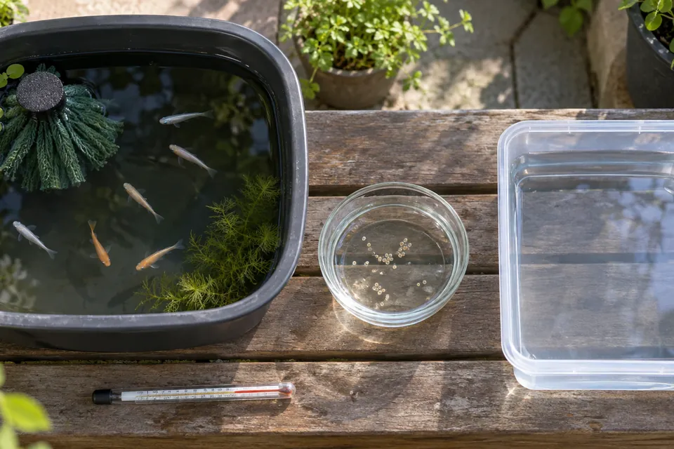 親魚の容器、採卵用の小容器、稚魚用ケース、水温計を並べた春のメダカ繁殖準備