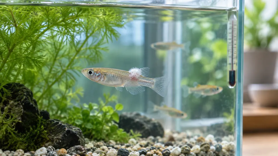 体表に白い綿状の付着物が見えるメダカを水槽で観察する様子