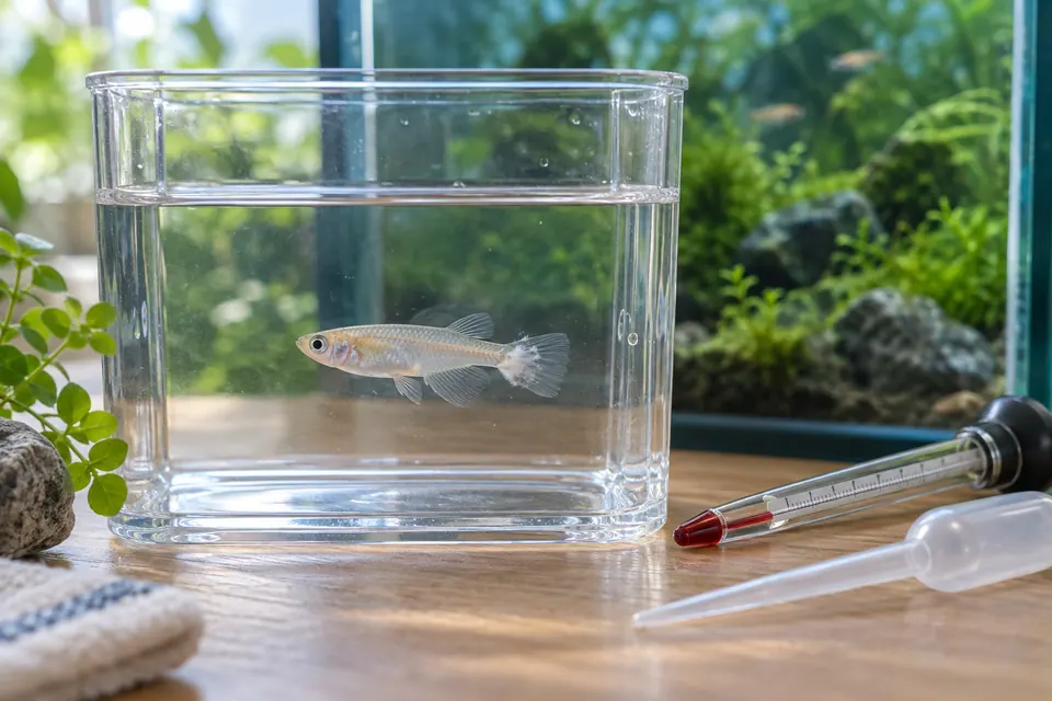 白い綿状の付着物が見えるメダカを透明な観察容器で確認する様子