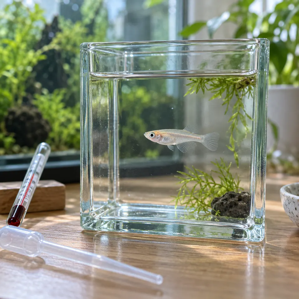 メダカを隔離容器で観察するための水温計とスポイトを並べた様子