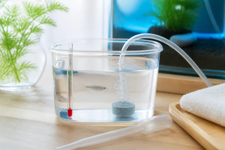 水温計と弱いエアレーションを使ったメダカの隔離容器とスポイト