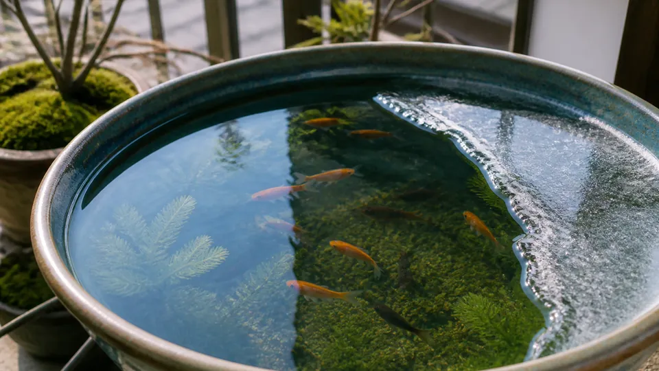 薄い氷が端に張った屋外容器で冬を越すメダカと水草