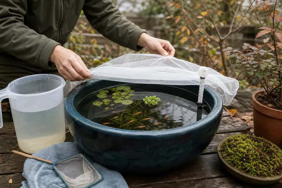 冬前のメダカ容器に通気性のあるカバーと水温計を用意している様子
