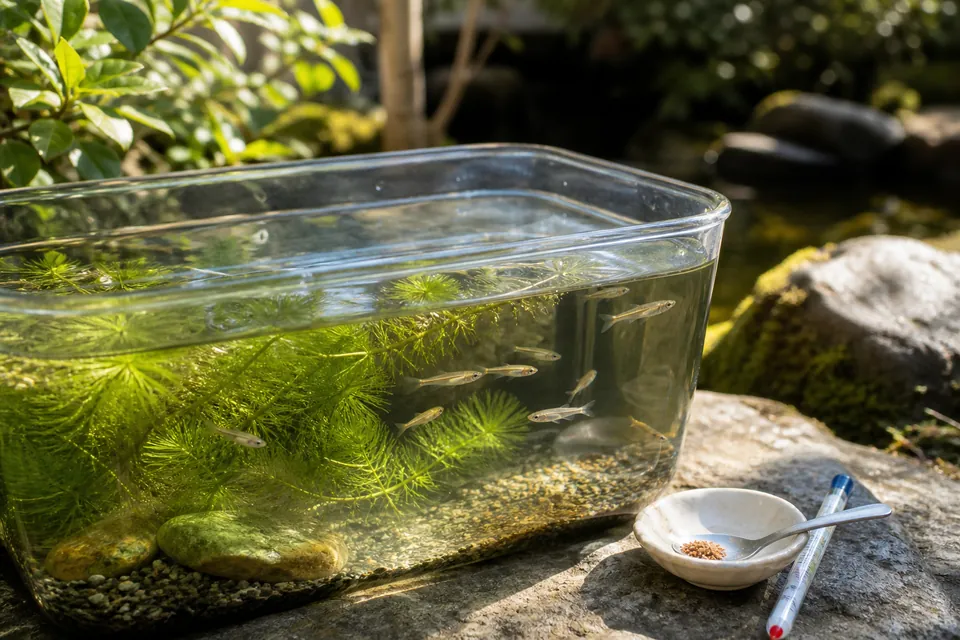 春の屋外容器で泳ぎ始めたメダカと水温計と少量の餌