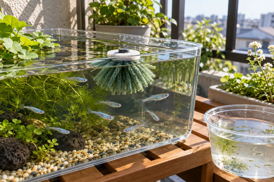 産卵床と稚魚用容器を準備した屋外の幹之メダカ繁殖環境