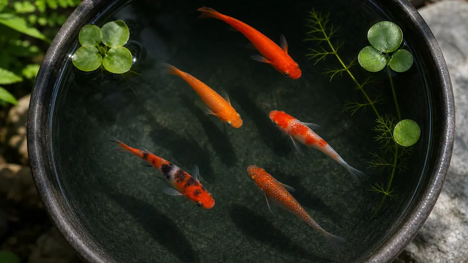 黒い屋外容器を泳ぐ楊貴妃、紅白、三色、赤系ラメなどの赤いメダカ