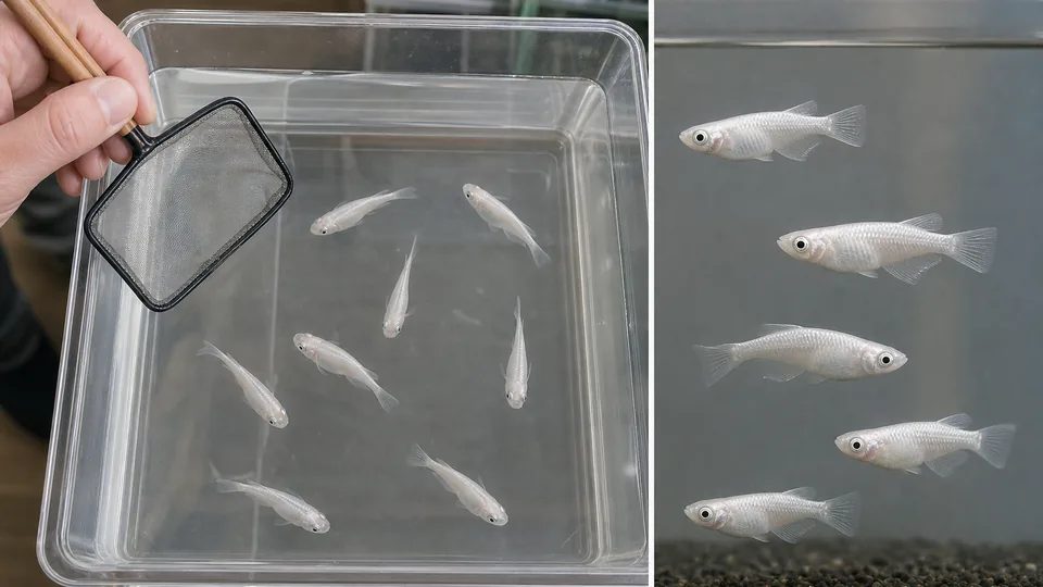 透明な容器の白いメダカを上見と横見で観察して購入前の状態を確認する様子